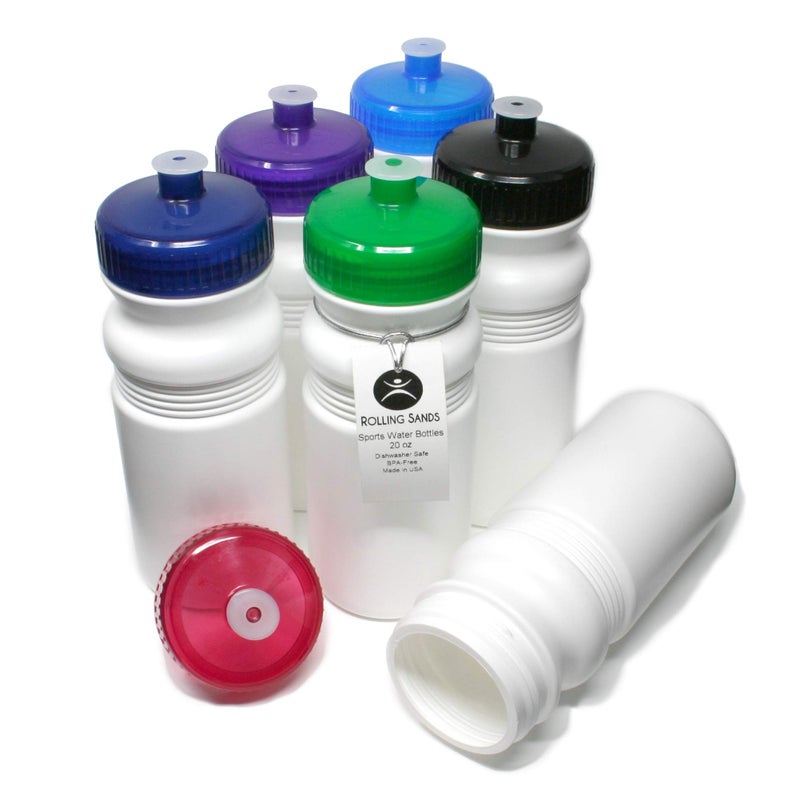 Rolling Sands USA Made 20 Ounce Sports Water Bottles - 6-Pack BPA-Free Blank Sports Bottles for Small Teams, Adults & Kids - White Bottle/Variety Lid, No Smell No Taste - Image 1